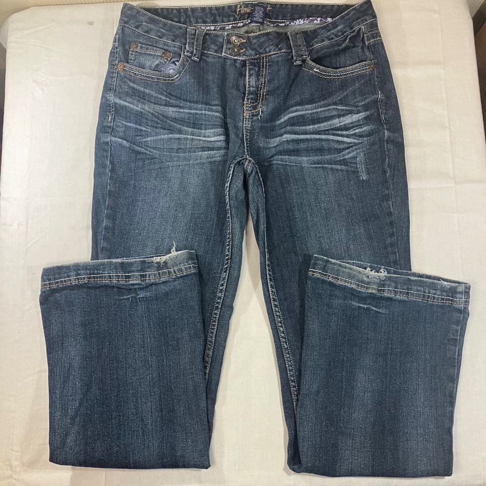 Amethyst Jeans Womens 16 Dark Wash Bootcut Flap Pocket Distressed Stretch Denim